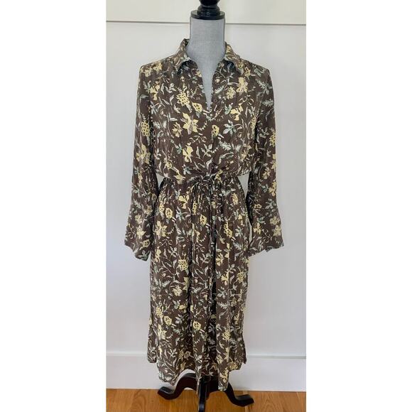 Club Monaco Midi Shirtdress in Brown Floral Medium Long Sleeve Button Front Silk - Picture 2 of 7